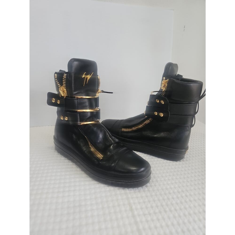 Giuseppe Zanotti Black Leather High Top Boot Sneakers Gold Zipper EU 43 - Picture 2 of 15